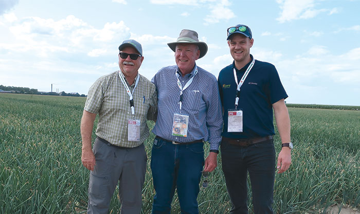 Several U.S. growers joined Hazera’s international onion study tour. Pictured, from left to right, are John Hawk with Horizon Farms, Steve Gill with Gill Onions and Ben de Nijs with Hazera. 
