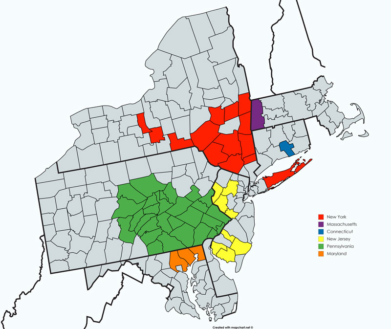 Figure 1. Map shows allium leafminer distribution in the northeastern U.S. as of October 2019.