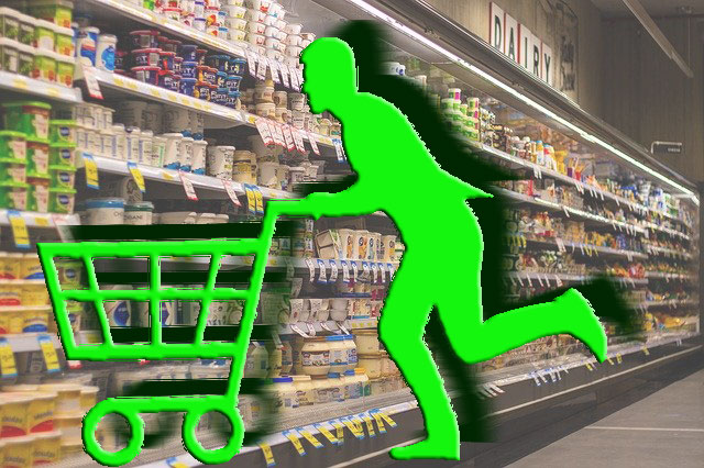 Drawing of a running person pushing a shopping cart in a store