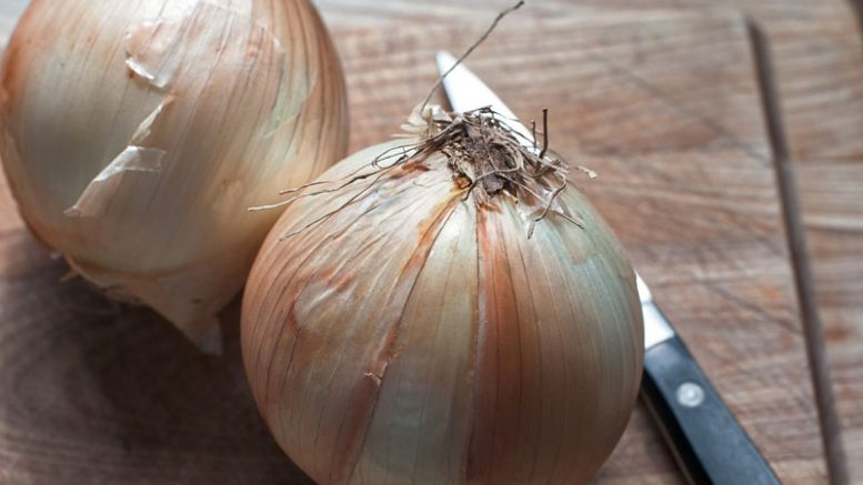 onions and knife on a cutting board