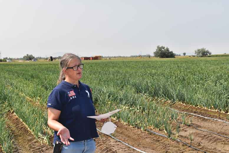 Claudia Nischwitz with Utah State University reminds attendees at the Utah Onion Association Summer Tour to remove cull and volunteer onions to help manage onion and seedcorn maggots.